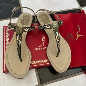 NIB 100% AUTH Rene Caovilla T-strap Embellished Sandals Sz 38